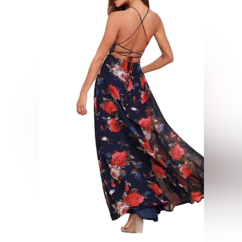 Lulus Debut Navy Blue Floral Print Low Back Lace Up Maxi XS